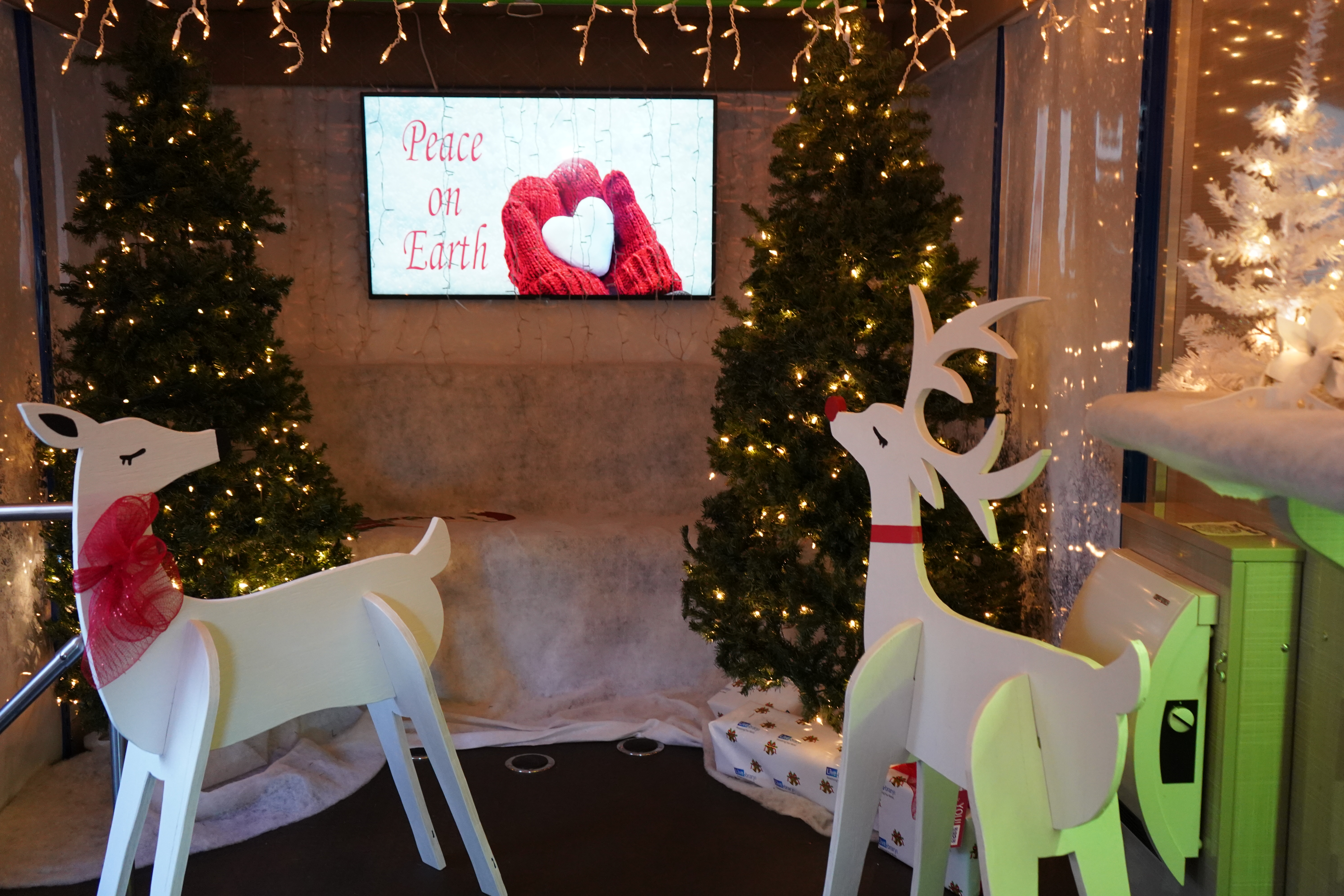 Photo of SLED decorated for the winter holidays showing deer in front of a screen.