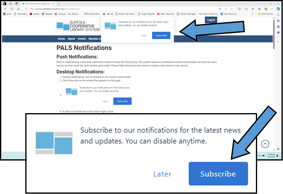 Screenshot of the subscribe prompt for PALS Notifications on a webpage with a blue arrow pointing at the subscribe button and a zoomed-in image of the subscribe prompt.