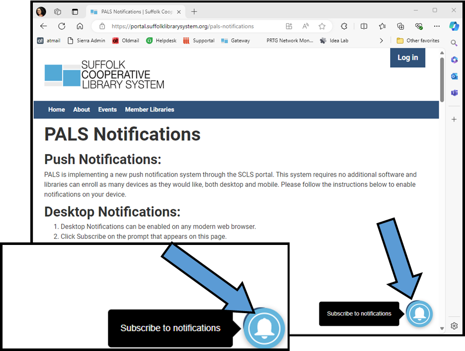 Screenshot of the PALS Notifications webpage with a blue arrow point to the subscribe bell icon and a zoomed-in image of the subscribe bell button.