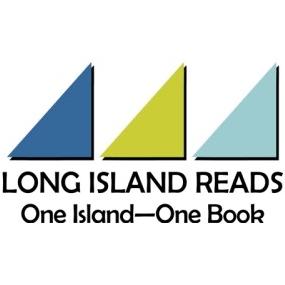 Logo featuring "Long Island Reads: One Island - One Book" in black text below three triangles in blue, lime and teal.. 