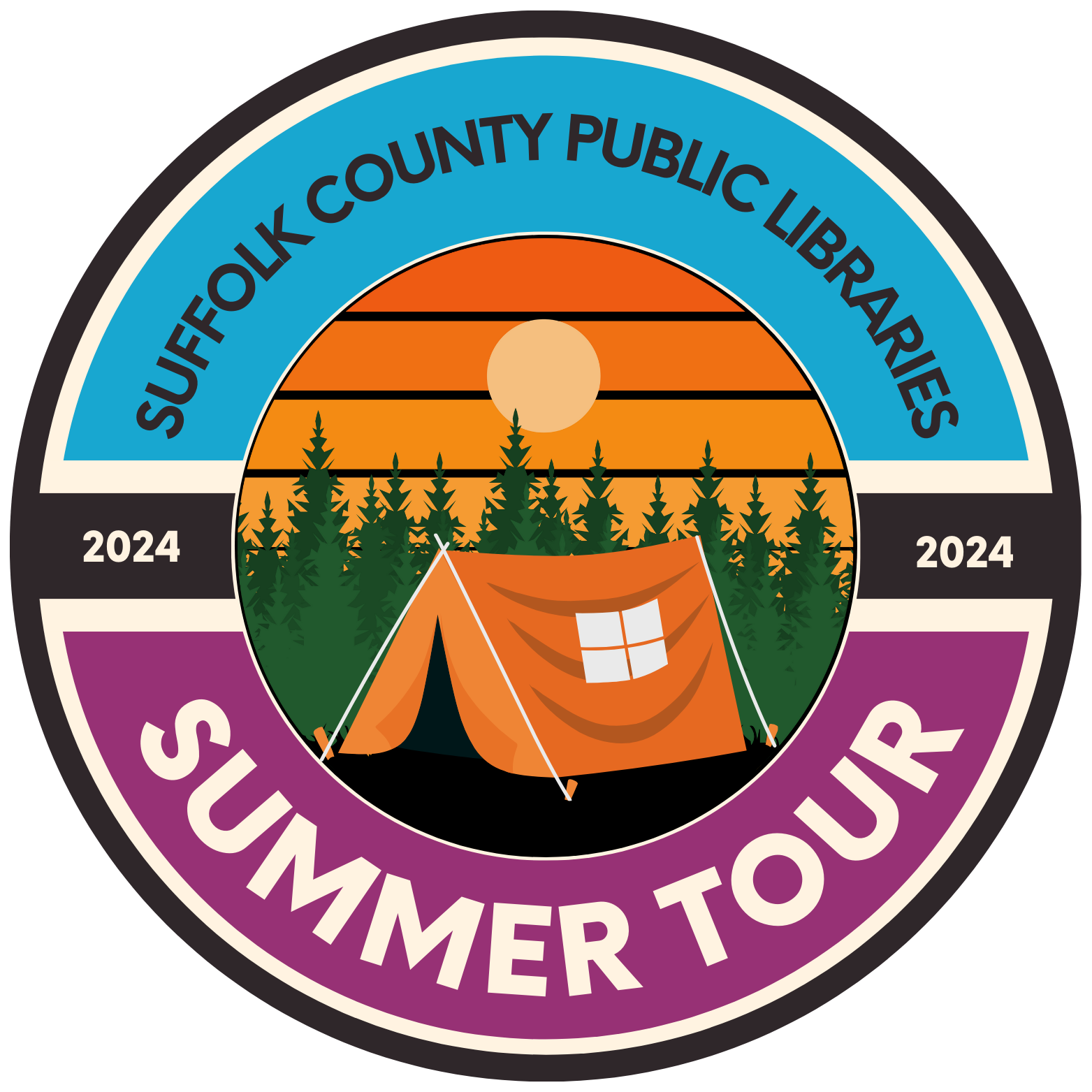 Circular logo featuring "Suffolk County Public Libraries: 2024 Summer Tour" in black and white text. Inside the circle is an image of a camping tent. 