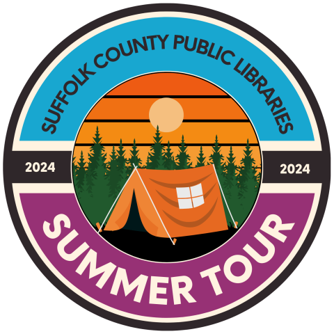 A circle surrounding a tent and trees. The text reads Suffolk County Public Libraries Summer Tour.