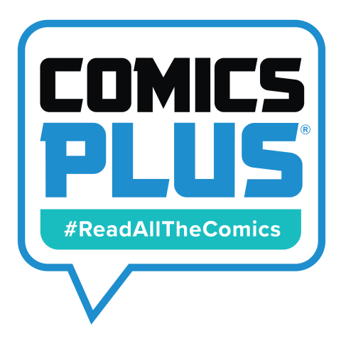 Word bubble containing the words Comics Plus #ReadAllTheComics